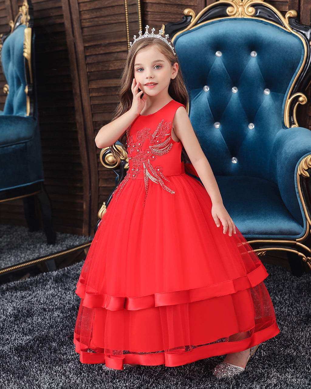 Floral Lace Ruffle Mesh Princess Dress in Red For Kids - Retro, Indie and  Unique Fashion